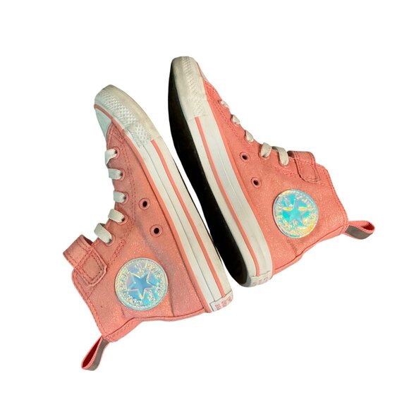 Converse Kids All Star Hi Shimmer Pink Sneakers W/ Velcro Strap Size 12 Youth - Picture 2 of 8